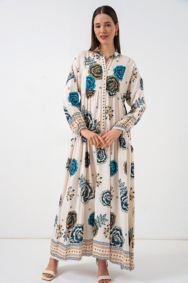 Bdart Ethnic Patterned V-Neck Buttoned Maxi Dress