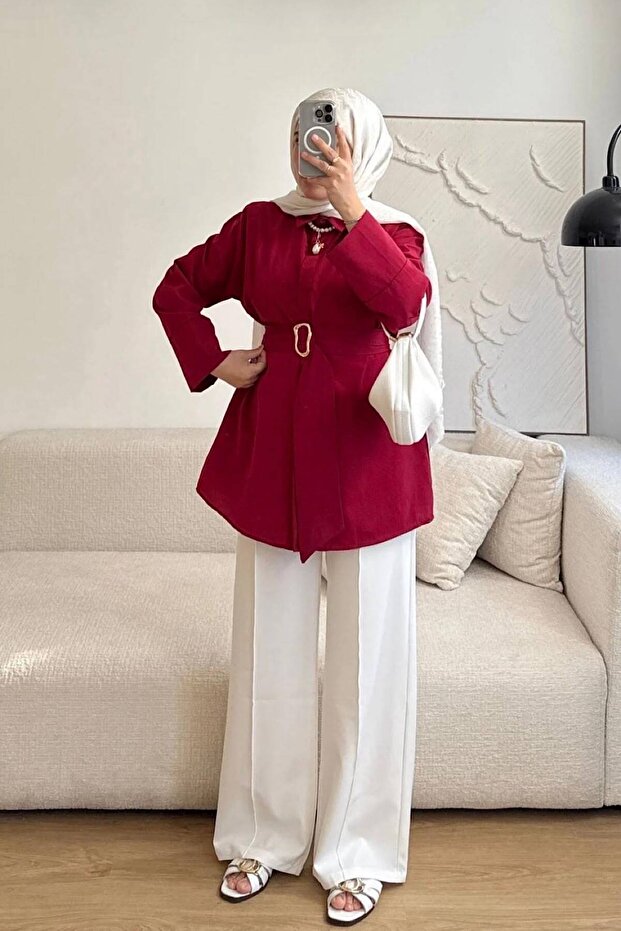Women's Belted Gold Buckle Modern Cut Stylish Comfortable Long Sleeve Hijab Shirt