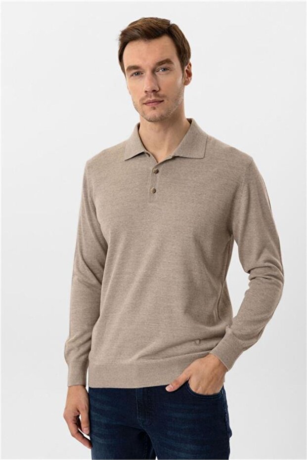 Bej Regular Düz Fermuarlı Polo Yaka Kazak - 1