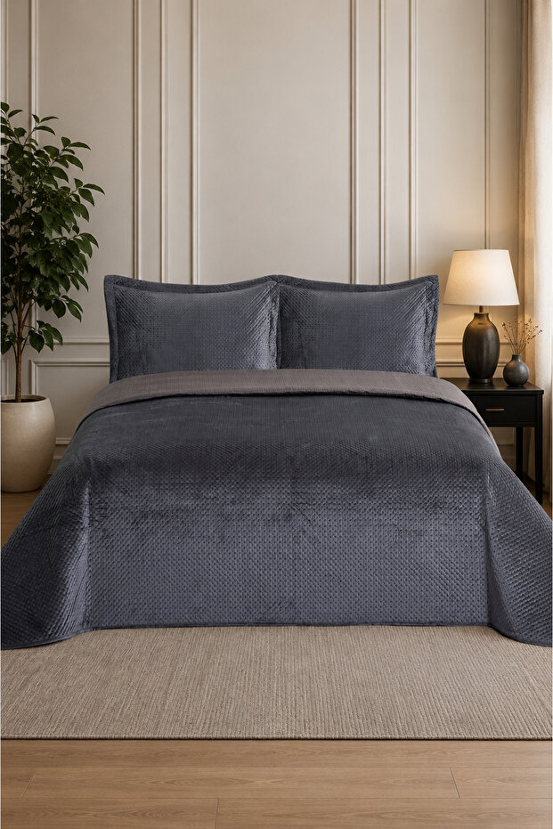 Toscana Double Velvet Bedspread Set - 240X260 cm - Anthracite