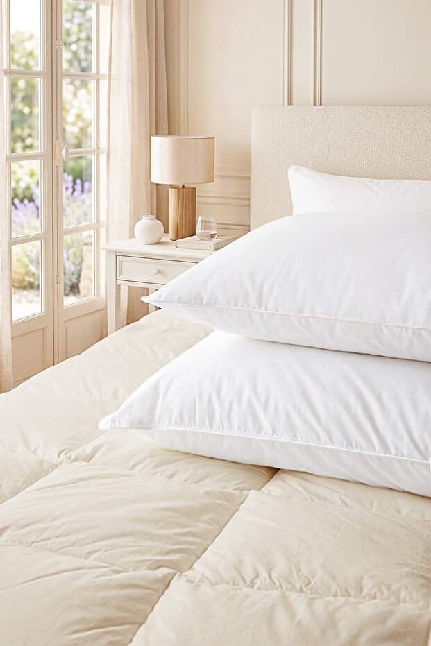 2 Pieces 100% Cotton Fabric Goose Feather Comfortable Satin Piping 900 Gr Microgel Pillow Set 50X70
