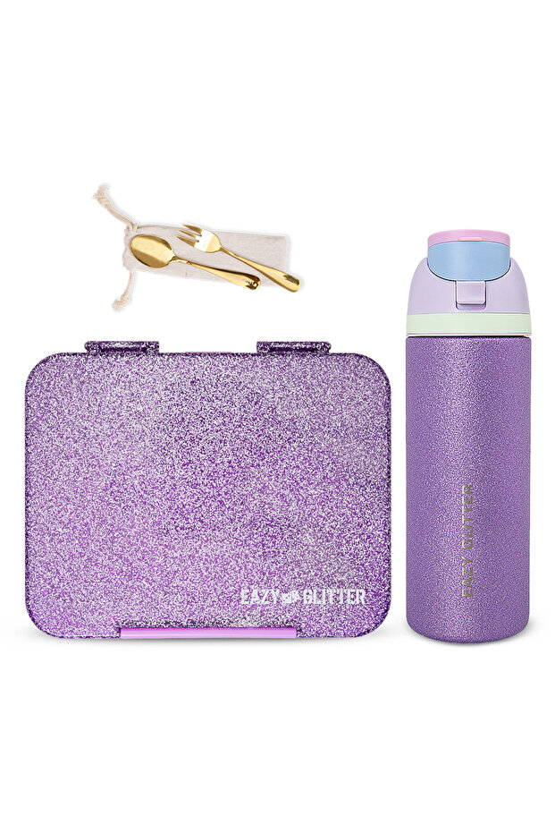Convertible Bento Lunch Box w/ Glitter Stainless Steel Water Bottle 720ml – Glitter Purple