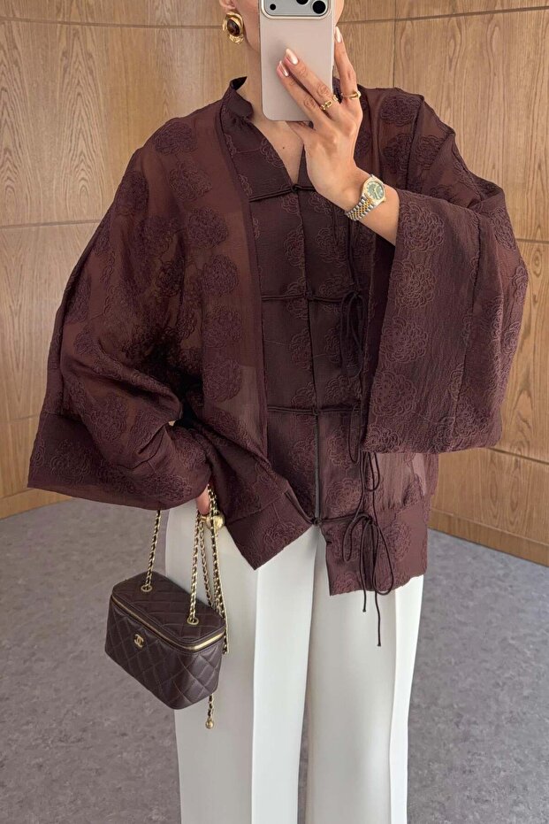 Jacquard Patterned Mandarin Brown Blouse - 4