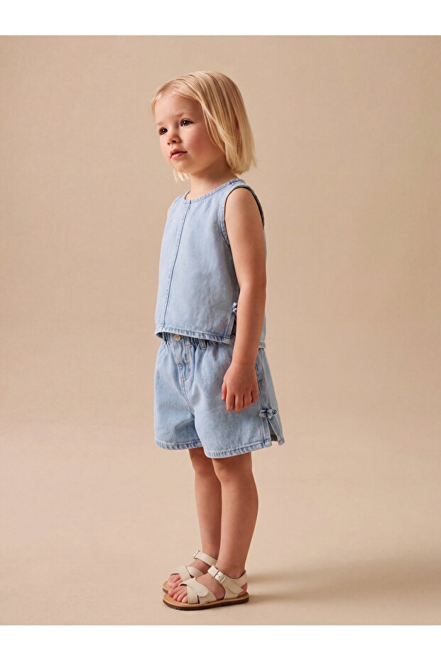 Girl's 2 Piece Set Denim Jeans Shorts and Blouse with Snap Closure at Back Light Blue