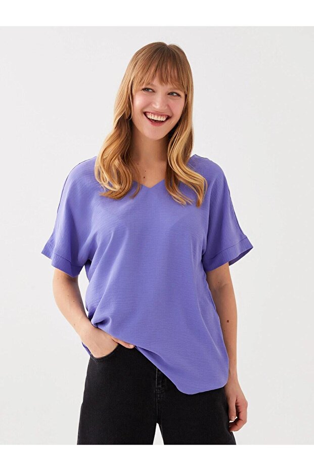 V-Neck Plain Short Sleeve Aerobin Women's Blouse (S3)