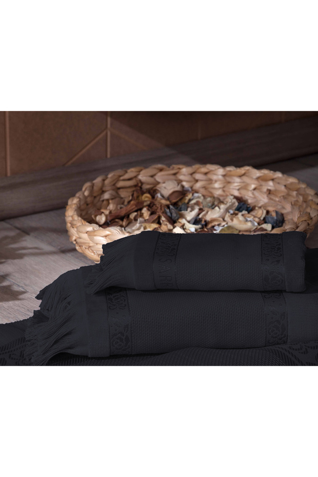 2-PIECE SARRA ETAMIN FRINGED DARK TOWEL SET (30x50-50x90 cm) - BLACK