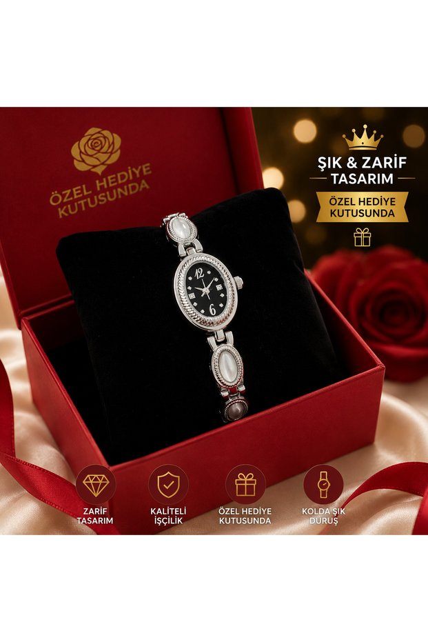 Women's Wristwatch Oval Case Silver Color Metal Band Quartz Analog Special Gift Boxed