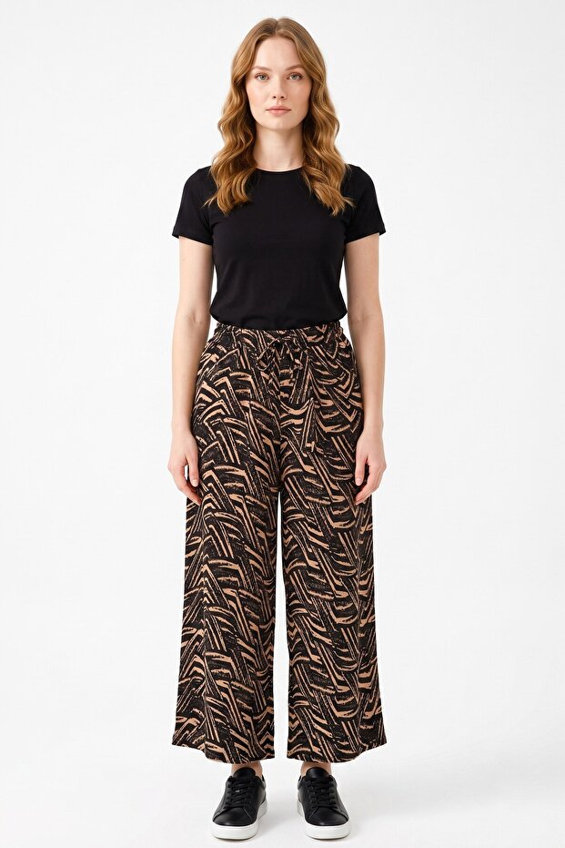 Women's Black Mink Abstract Patterned Atlas Wide Leg Pants