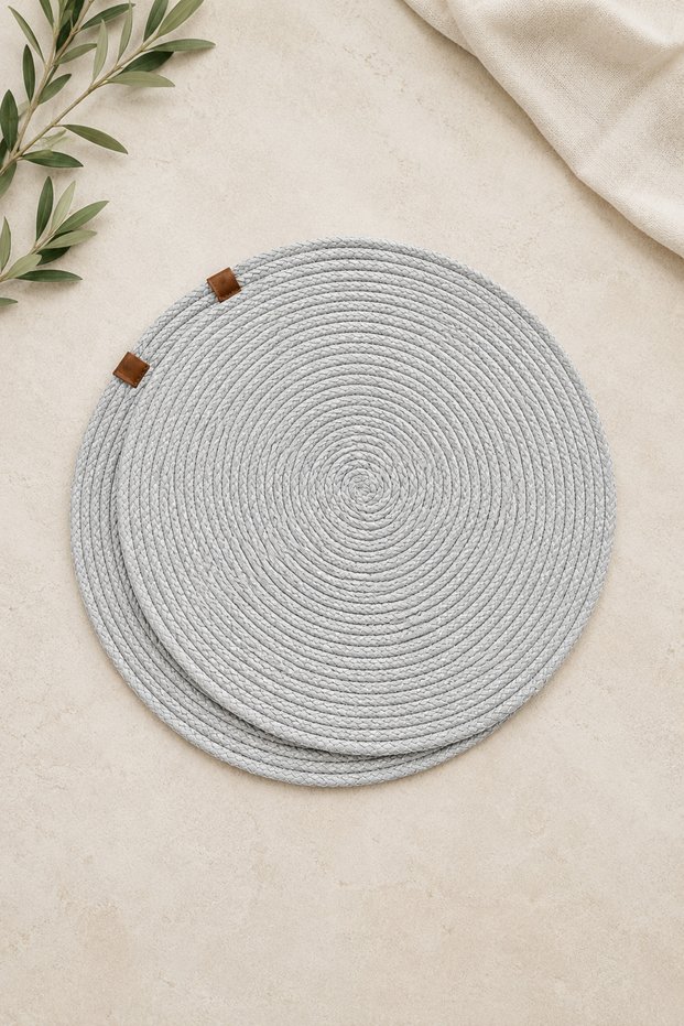 2 Pieces 35 cm Silver-Gray Color Placemats, Plate Mats / American Style - Stitched, Fireproof, Non-Removable