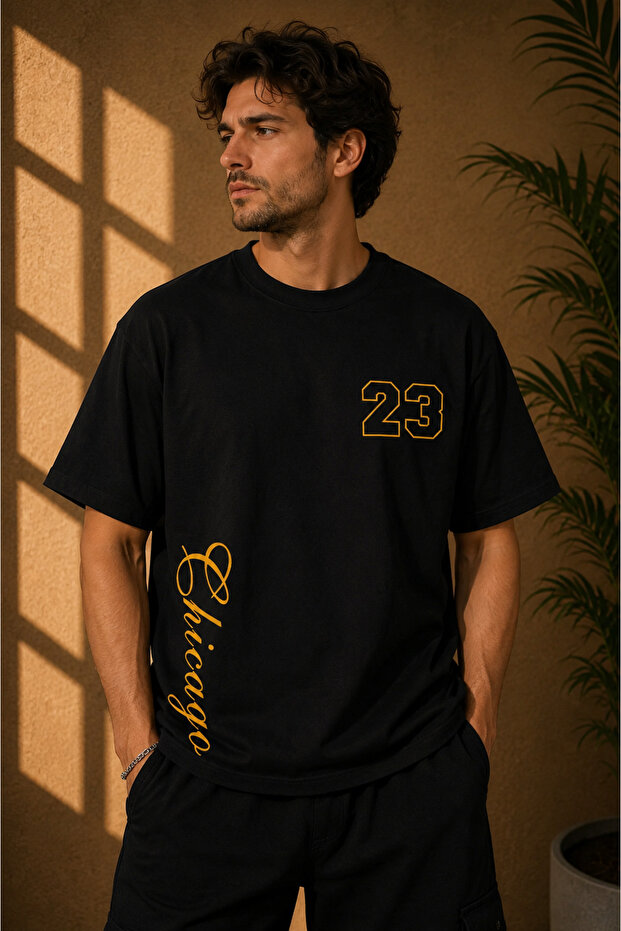 Unisex Plus Size Chicago 23 Vertical Detail Printed Oversized 100% Cotton t-shirt