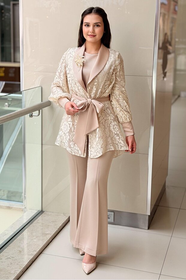 Wide Collar Burnt Fabric Combination Jacket, Underwear and Pants 3-Piece Set