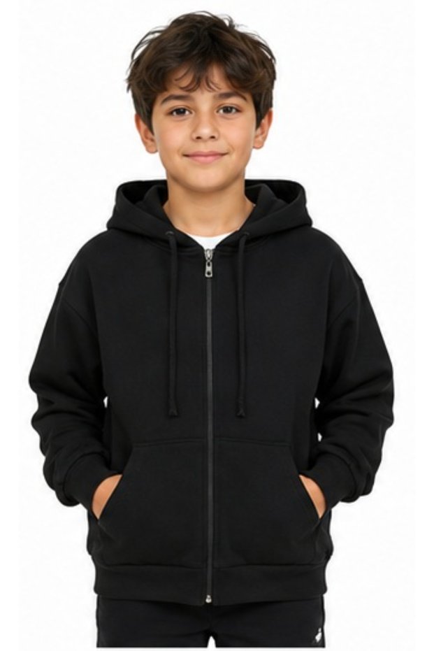 Boy/Girl's Black Hooded Cardigan with Zipper Closure and Believe Written on the Back