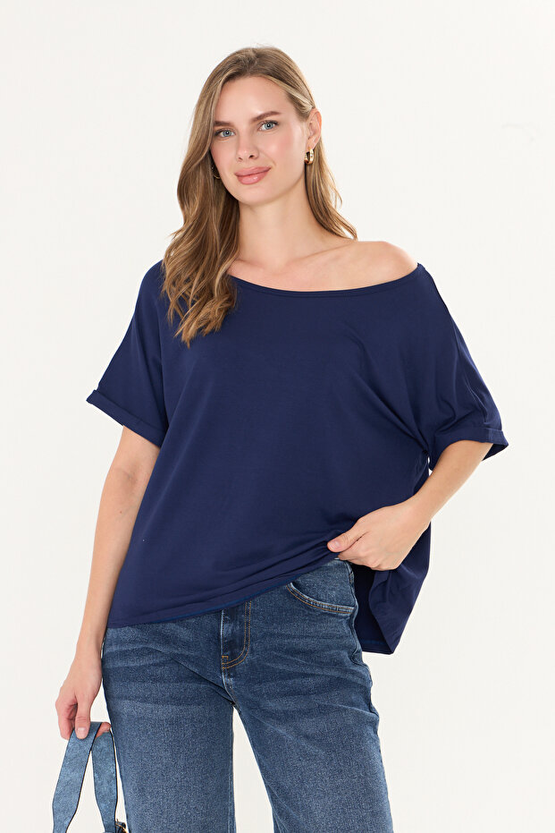 Navy Blue Natural Viscose Women's Boat Neck Off-Shoulder Loose Double Sleeve Soft Textured Basic Blouse