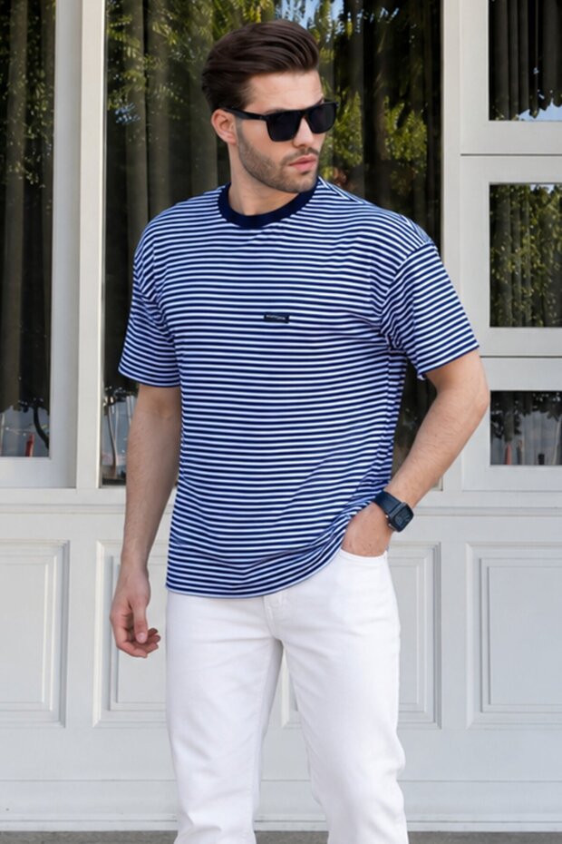 Navy Blue Crew Neck Striped Short Sleeve Men's T-Shirt with Arma Detail 7031