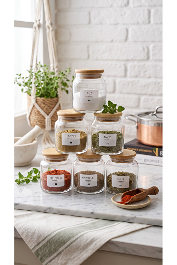 Bamboo & Stylish Vacuum Lid 6-Piece Glass Spice Set 300ML