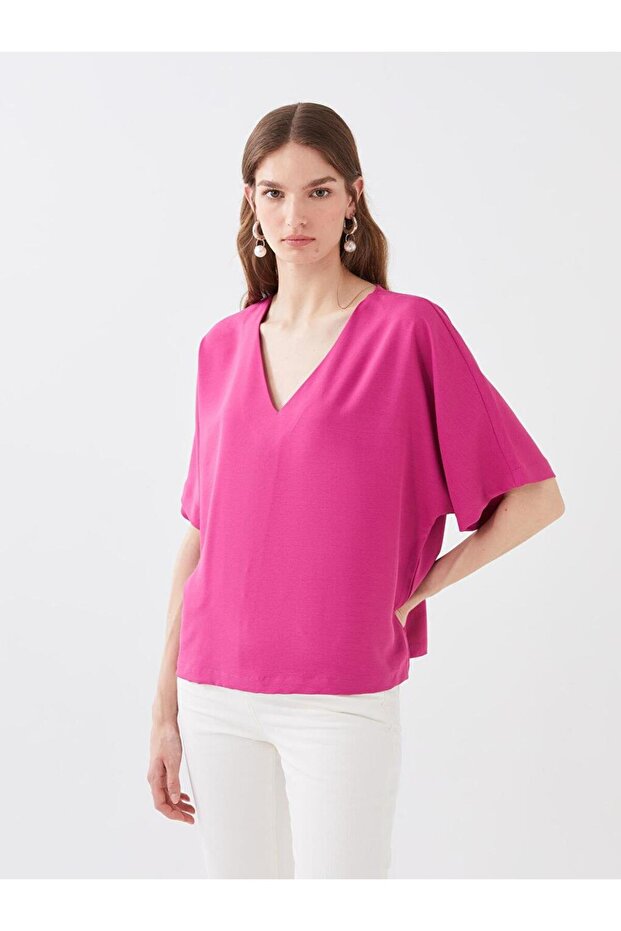 V-Neck Plain Short Sleeve Oversize Women's Blouse (S3)