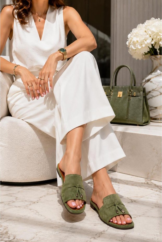 Large Size Women's Genuine Suede Leather Slippers 41-42-43-44-Green Suede
