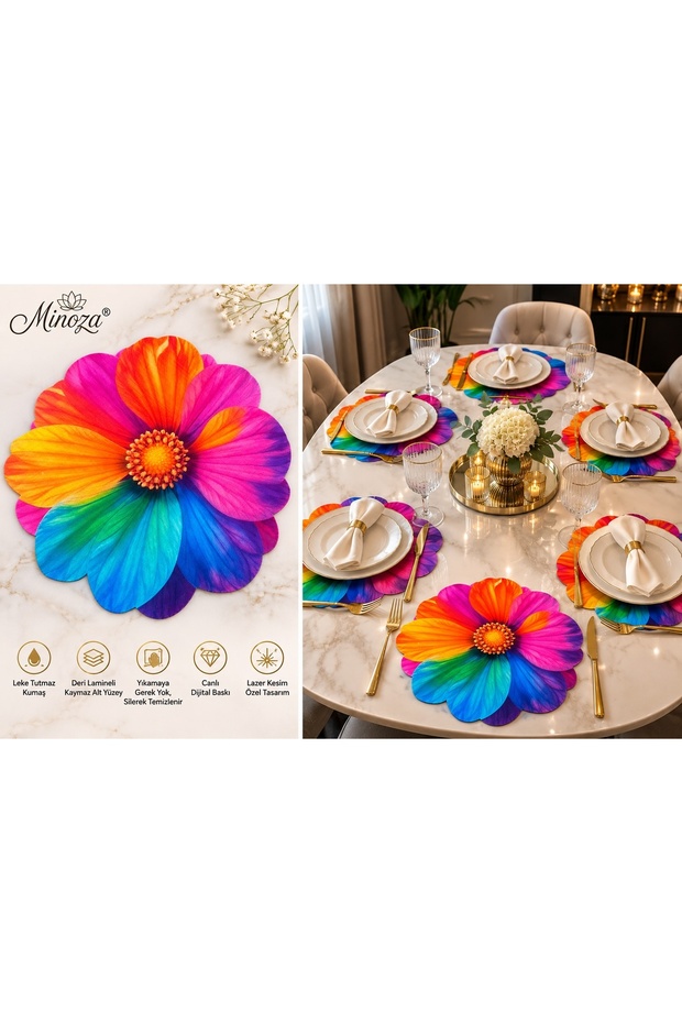 Gerbera Flower Patterned Stain-Resistant Gardenia Fabric Digital Printing Laser Cut American Serving & Soup Plate 6 Pieces