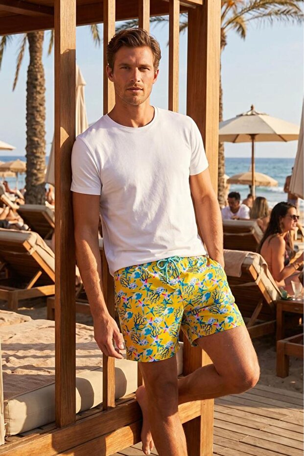 Aquarium Men's Swim Short with Three Pockets, Mesh Inside, Elastic and Laced Waist