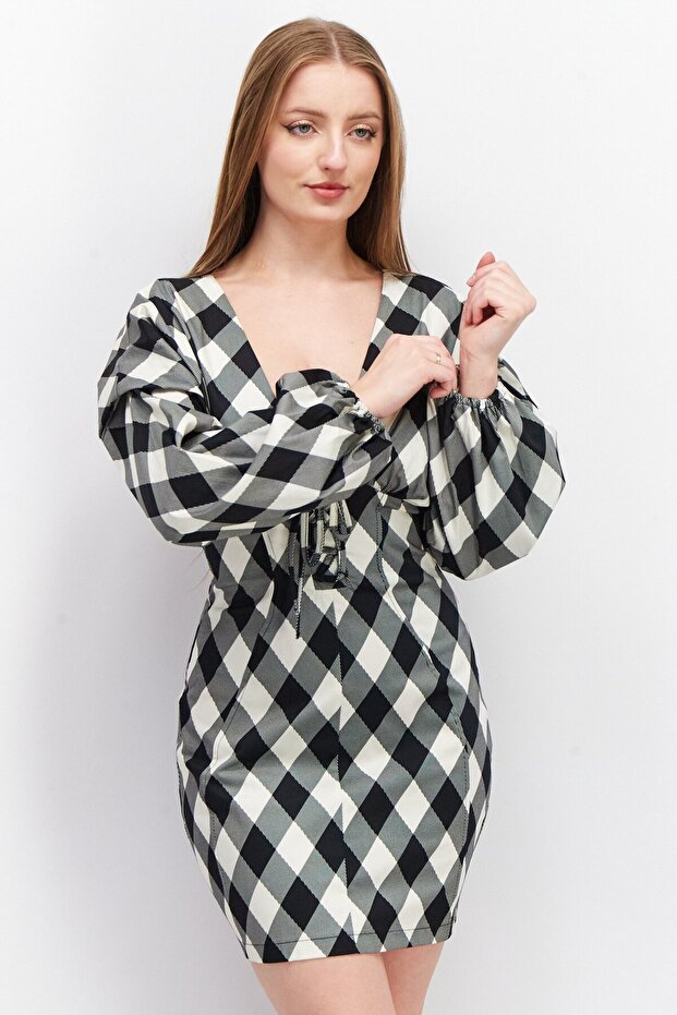 Women Checkered Long Sleeve Mini Dress, Multicolor