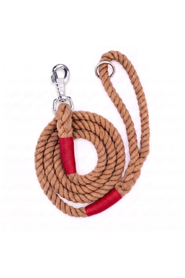 Brown Dog Collar (RED DETAILED) Dog Leash Natural Cotton Rope Rope