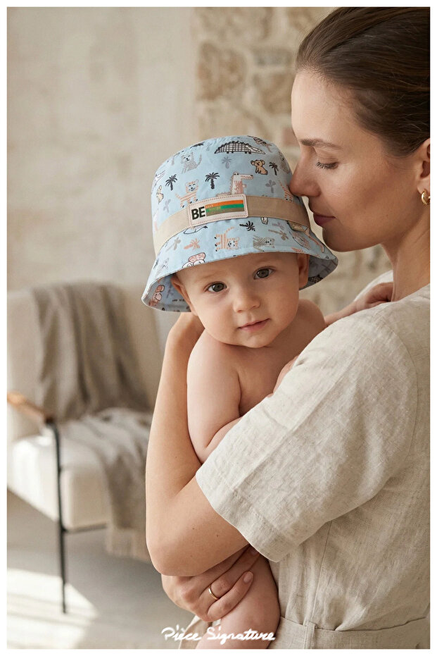 Safari Patterned Cotton Baby Bucket Hat - 0-18 Months (Size 43-46 cm)