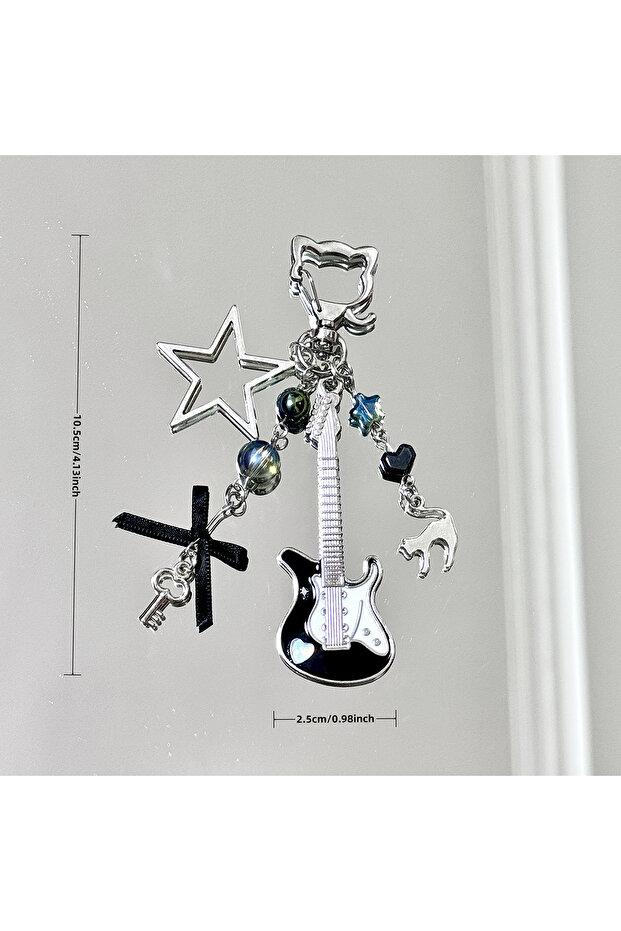 black Y2K Cat Guitarist Keychain. Handmade Beaded Guitar with Black Cat & Star Charms. Brass Keyring