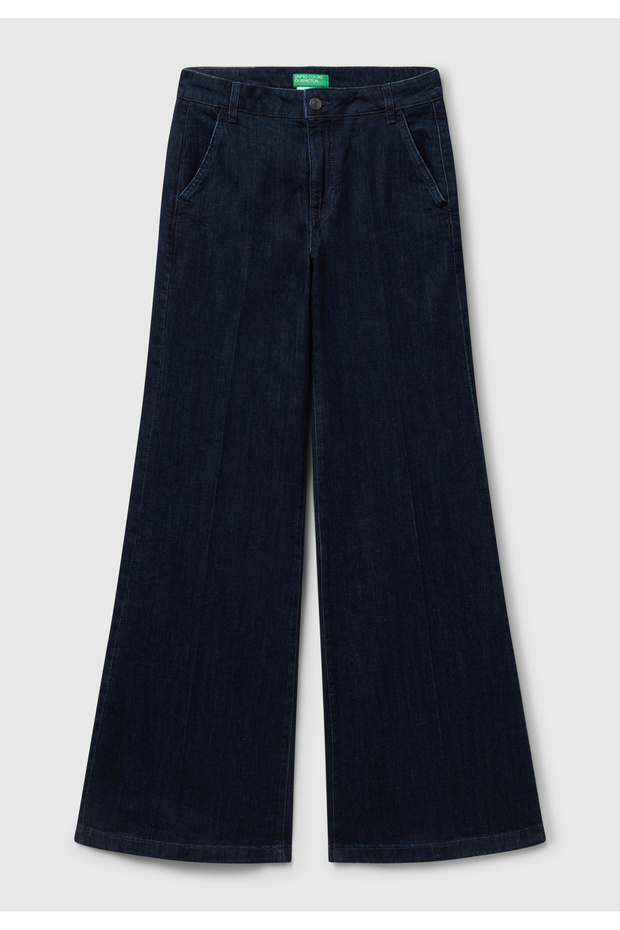 Women's blue cotton blend wide leg denim pants with pocket details