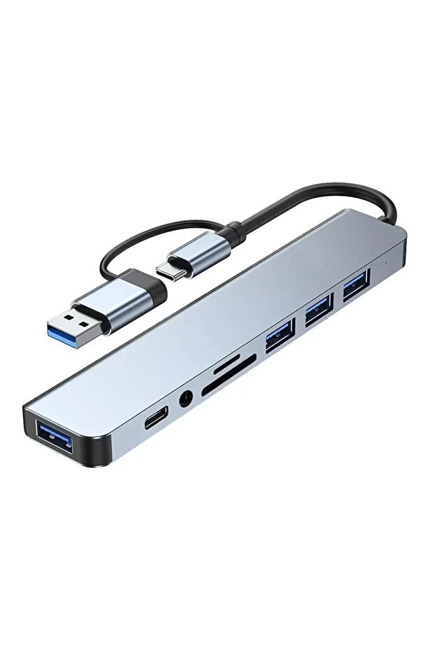 موزع USB رمادي اللون 8 في 2 مع قارئ بطاقات ومنفذ USB-C 3.0 و2.0 ومحطة إرساء لبطاقات SD وTF