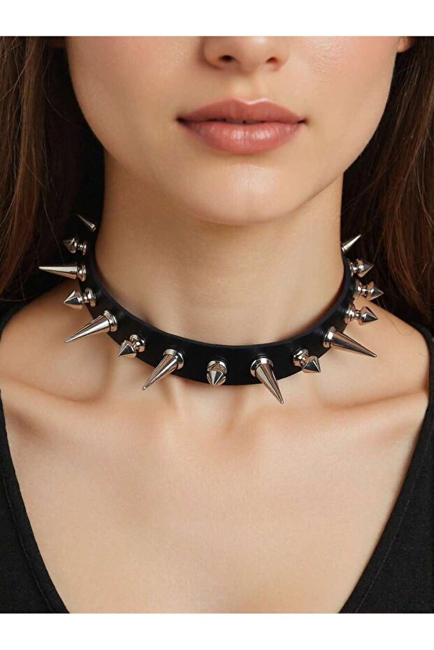 Black 1pc Gothic Punk Spiked Leather Choker, Edgy Rebellious Necklace for Rock Style & Statement Loo