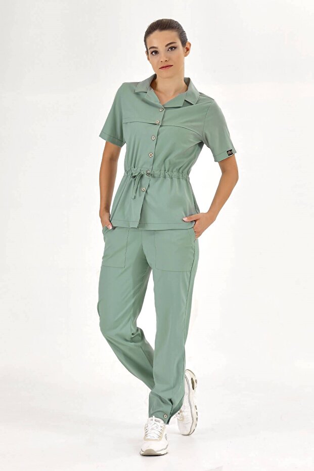 Mint Green Retro Women's Doctor Nurse Medical Scrubs Suit Luxury Lycra Fabric