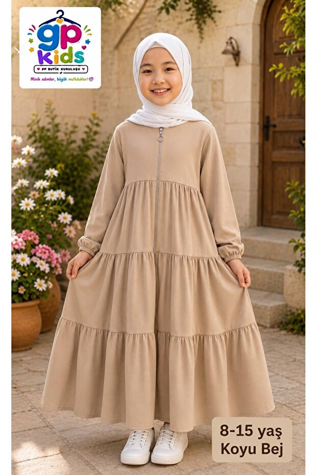 Ki̇ds 3-Layer Gathered Children's Robe – Comfortable Cut Hijab Children's Dress Biscuit Color