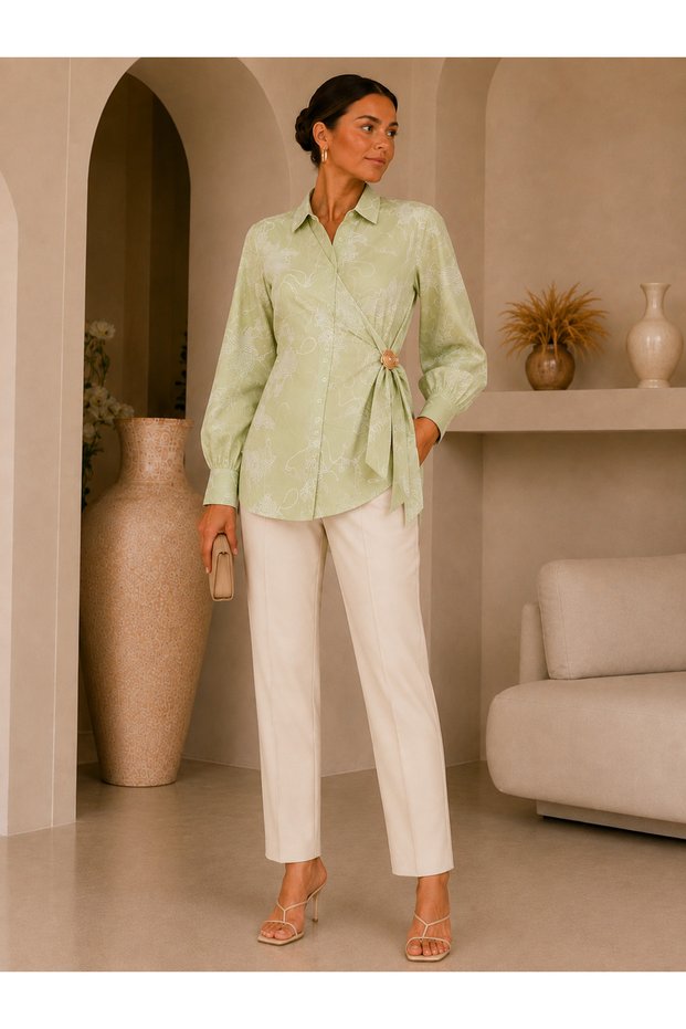 Women's Sage Green Side-Tie Long Cotton Shirt