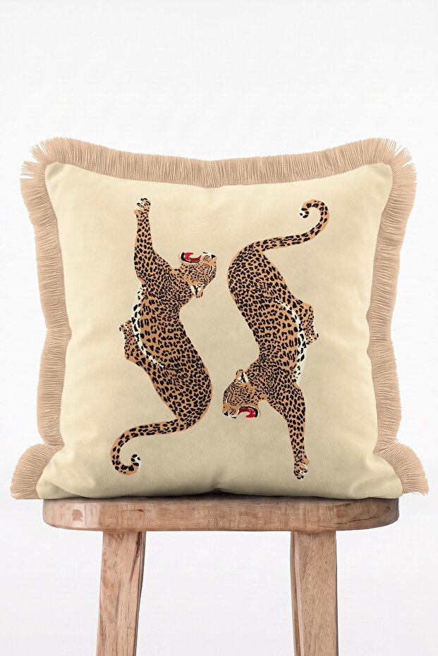 Double Leopard Patterned Cream Cushion Cover - Cream Fringed Pillowcase