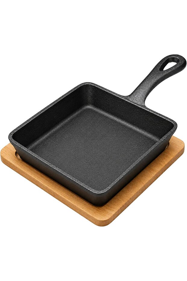 Cast Iron Mini Square Skillet with Wooden Sizzler Plate, 13cm - Perfect for Sizzling and Grilling
