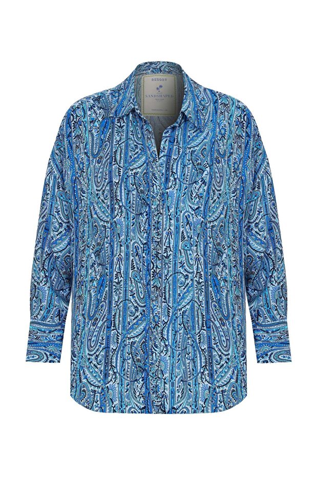 Prinkipo Vegan Silk Printed Oversize Shirt Blue