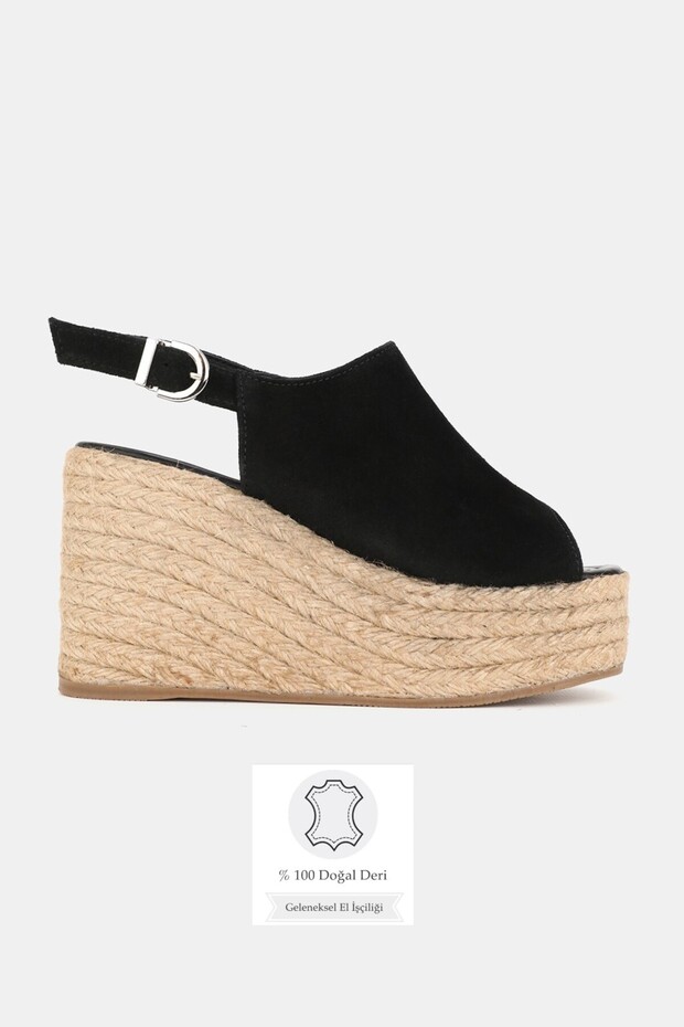 Women's Black Suede Genuine Leather 36-41 Size Wedge Heel Daily Espadrilles