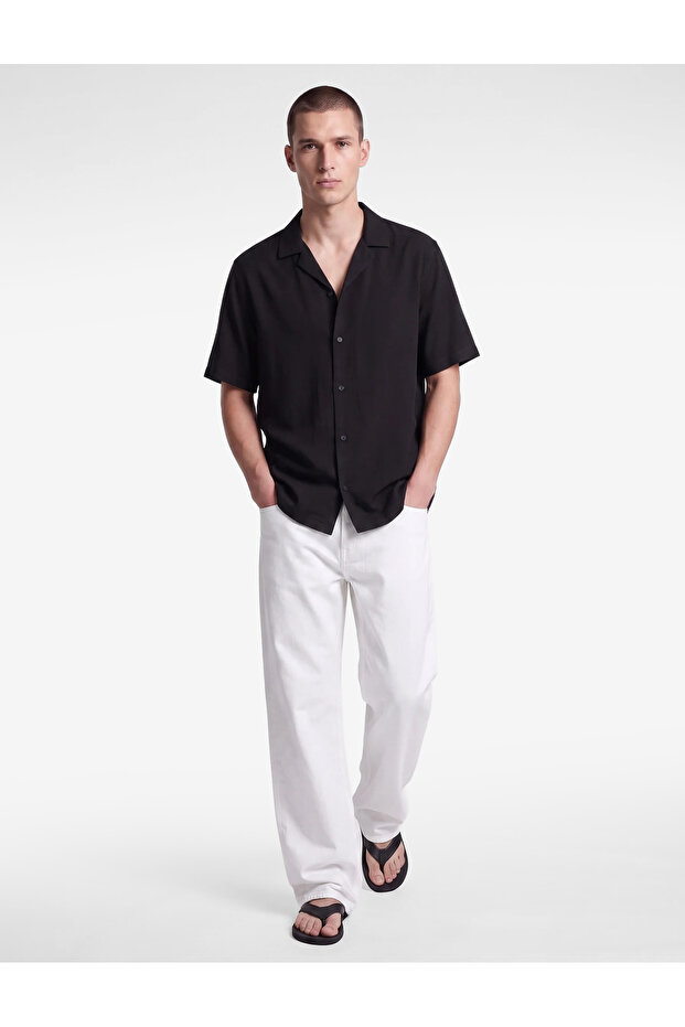 Regular Fit Buttoned Viscose Turn-Down Collar Short Sleeve Shirt