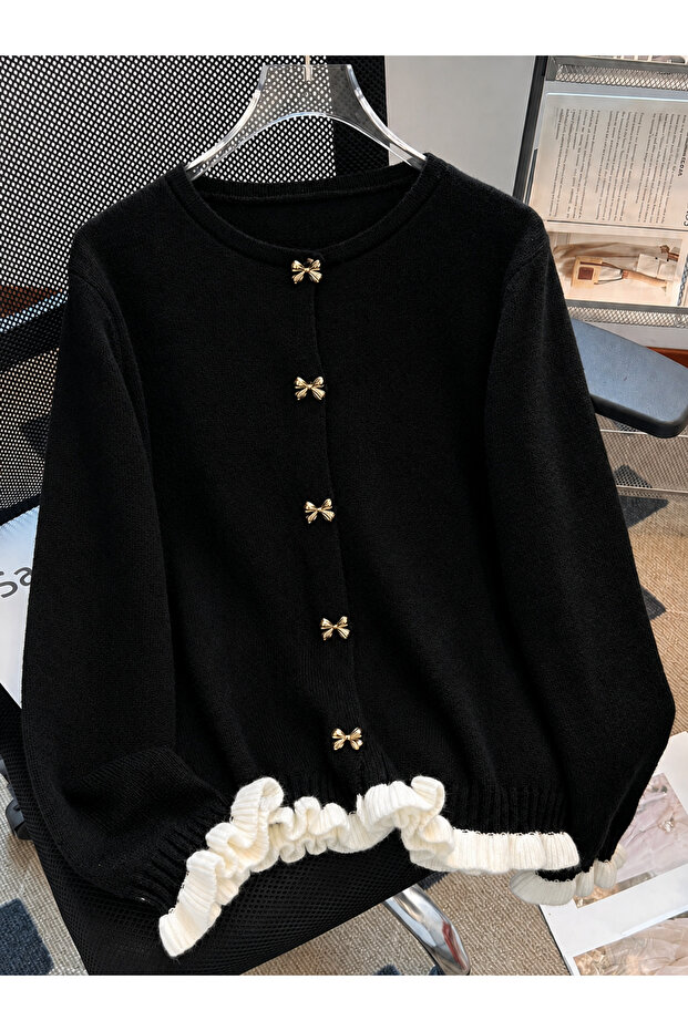 Women's Bow Buttoned Ruffle Detailed Basic Knitwear Cardigan