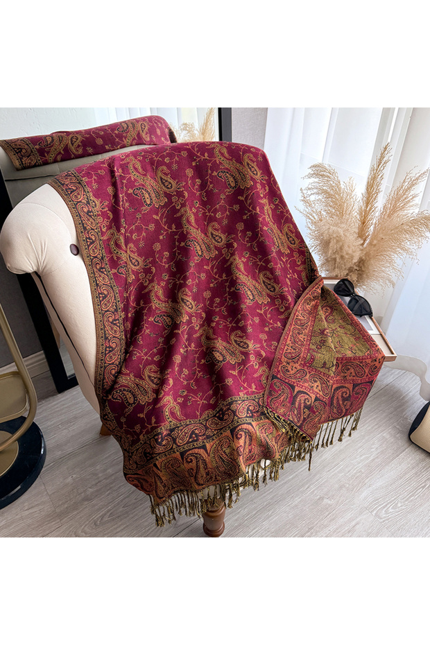 wine red Tassel Blanket Design Thick Pashmina New Winter Warm Shawl Wrap Paisley Pattern Scarf Women