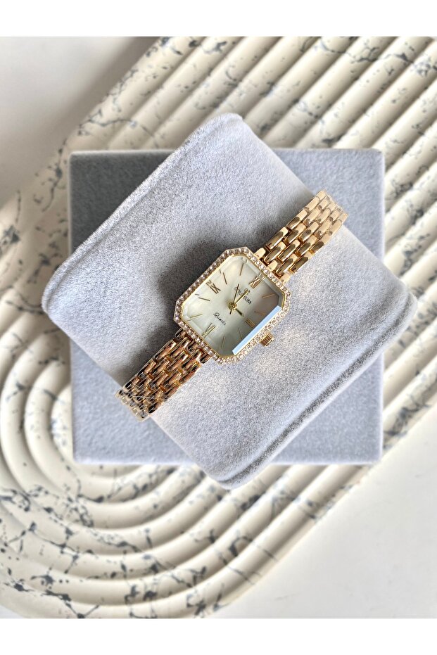 Boley Square Stone Frame White Dial Gold Women's Wristwatch