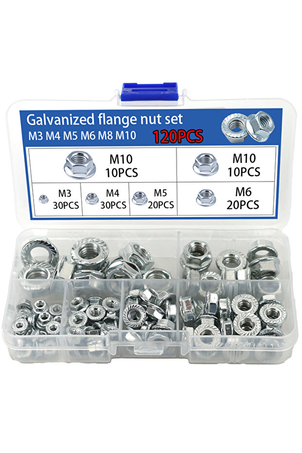 FL120pcs 120pcs Hexagon Flange Nuts Galvanized Flange Nuts, Hexagon Anti-slip Nuts, Toothed Flange A