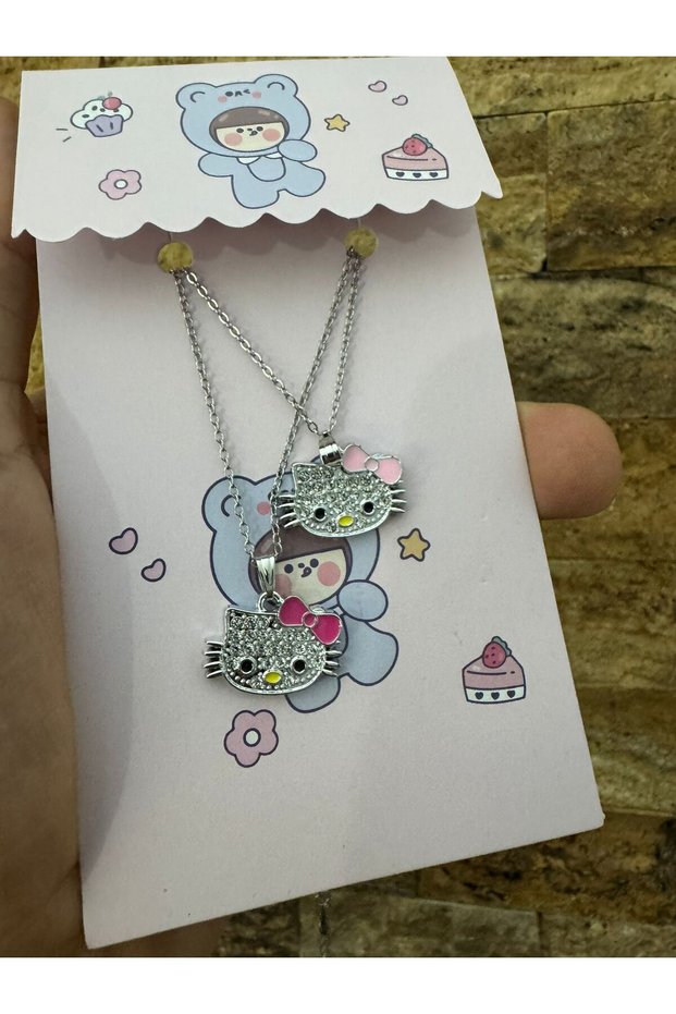 Double Stone Hello Kitty Couple Friendship Necklace – Cute Design with Unisex Metal Chain