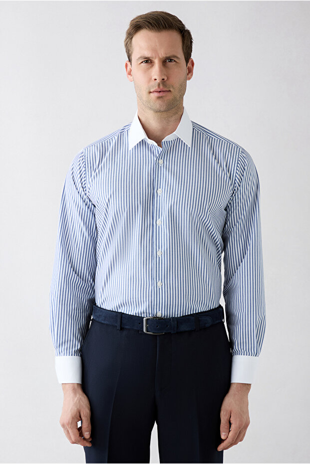 Long Sleeve Regular Fit Half Italian Collar Contrast White Collar Striped Cotton Easy-Iron Shirt