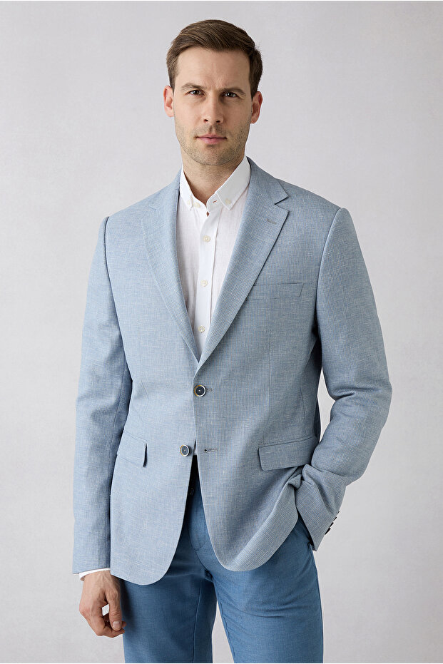 6 Drop Regular Fit Standard Cut Mono Collar Patterned Classic Linen Blend Jacket