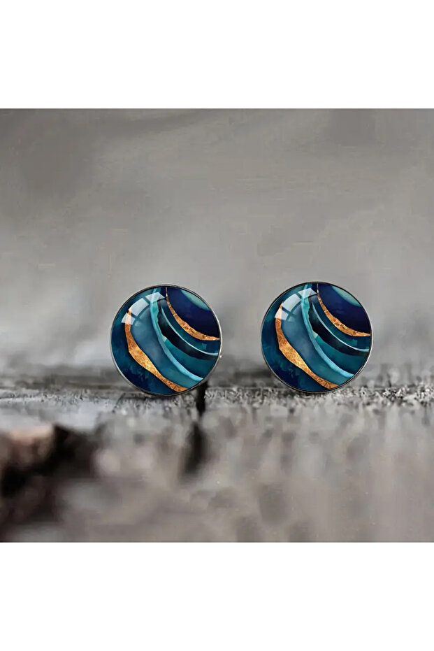 1 Blue Marble Textured Glass Dome Stud Earrings Vintage Stainless Steel Artistic Aesthetic Earrings