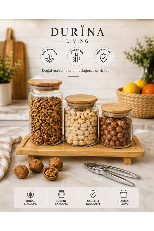 Glass Jar Set with Wooden Lid and Stand | 1300 ml 850 ml 630 ml (3-Pack)