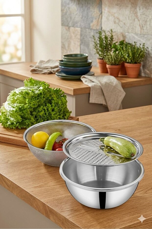Stainless Steel 3 Pieces Mixing Bowl with Grater and Strainer