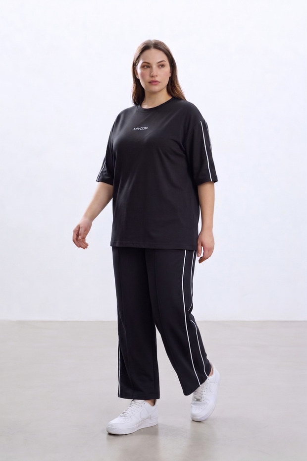 Oşho Modal Fabric Short Sleeve Double Piping Detailed Bottom and Top Set 2Xl-6Xl