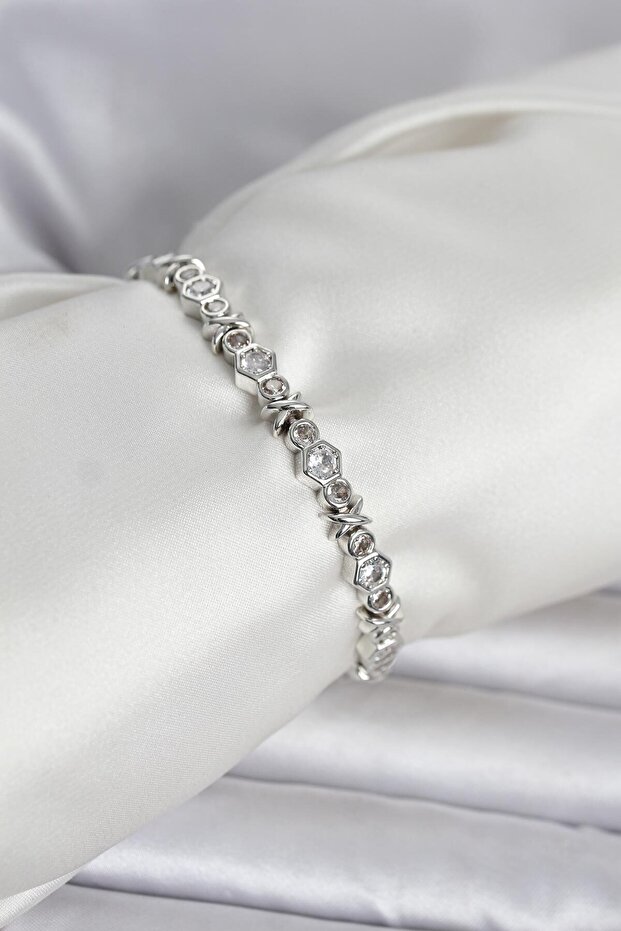 Brass Silver Color Honeycomb Model Zircon Stone Women's Bracelet